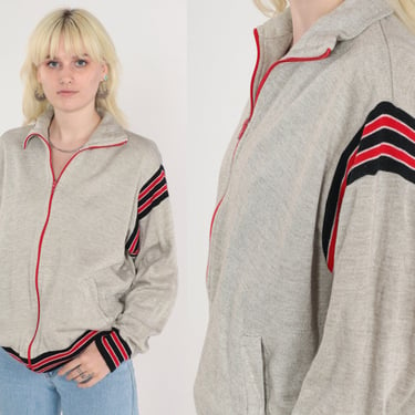 80s Track Jacket Heather Grey Zip Up Sweatshirt Striped Red Black Bomber Warmup Streetwear Retro Sporty Athleisure Vintage 1980s Medium M 