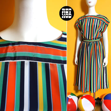 Delightful Vintage 70s 80s Green Orange Navy White Stripe Two-Piece Skirt & Blouse Set 
