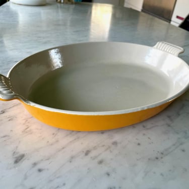 1960s Le Creuset Casserole Roasting Pan Yellow Enamel Cast Iron Au Gratin Oval Open Baker 