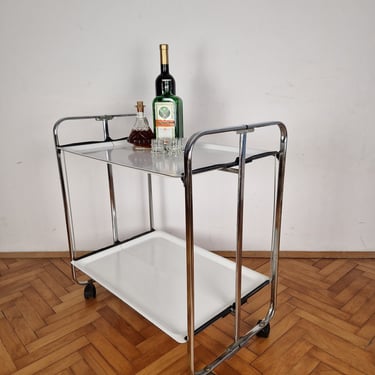 Mid Century Modern Folding White and Silver Serving Bar Cart / Vintage  Foldable Bar Trolley / Food and Drinks Trolley / Italy / 1970s 