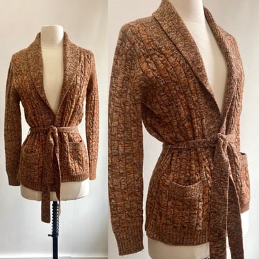 Vintage 70's Boho Cardigan Sweater / SPACE DYE Wool Yarn / Cabled + Pockets / Made in Hong Kong 