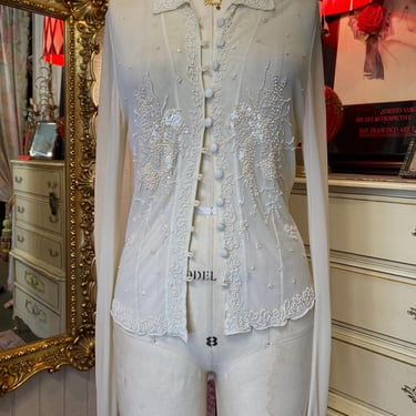 vintage y2k sheer ivory mesh blouse see through beaded button up med 36 38 90s 