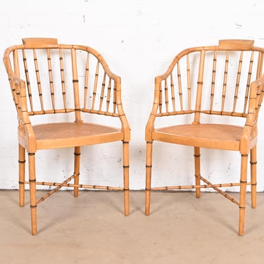Faux Bamboo and Cane Regency Tub Armchairs Attributed to Baker Furniture, Circa 1960s