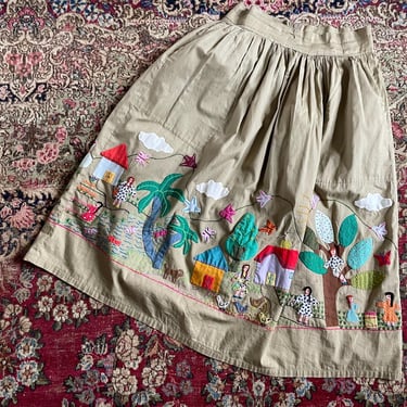 Vintage handmade bohemian applique skirt, khaki cotton circle skirt | whimsical, Colombian village skirt, S/M 