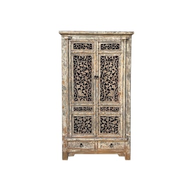 Distressed Gray White See-Through Floral Carving Doors Storage Cabinet ws4323E 