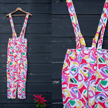 80s 90s Abstract Palmettos Jumpsuit Overalls, Vintage Bright and Colorful Playsuit Romper, Soft Cotton Overalls 