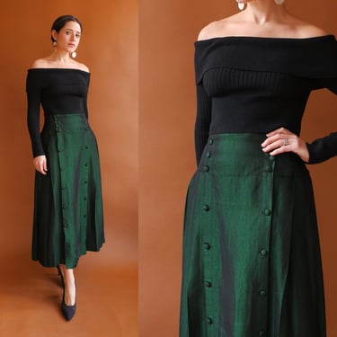 Vintage 80s Metallic Green Button Down Midi Skirt/ 1980s Ernestina Cerini High Waisted Holiday Pleated Skirt/ Size 26 