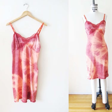 Vintage Tie Dye Slip Dress S - Hand Dyed Peach Coral Lingerie Lace Lingerie Dress 
