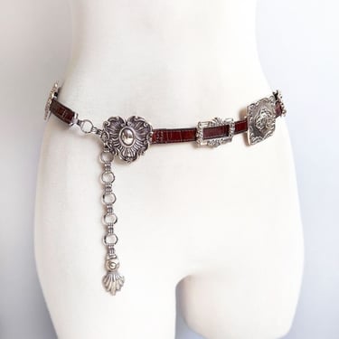 BRIGHTON Silver Metal HEART Chain BELT Adjustable Brown Leather Concho Vintage 1990's 