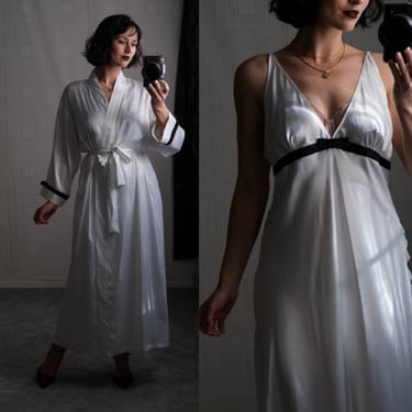 Vintage 80s Oscar de la Renta for Neiman Marcus White Silk Robe & Nightgown Set w/ Black Bow Trim | 100% Silk | 1980s Designer Lingerie Set 