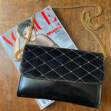 Vintage Black Leather Quilted Bag with Gold Chain Strap 