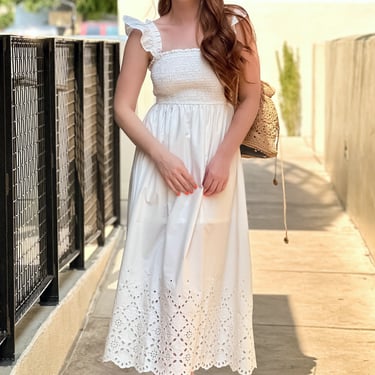 White Smocked Eyelet Midi Dress