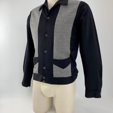 Rare >> 1960's 2Tone Shirt - 100% Cotton Knit - Black w/ Blk & White Houndstooth Panels - Low Pockets - Size Medium - NOS-Dead Stock 