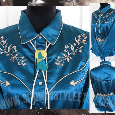 Cumberland Outfitters Women's Vintage Western Retro Shirt, Teal Blue & Embroidered Silver Flowers, Tag Size Large (see meas. photo) 