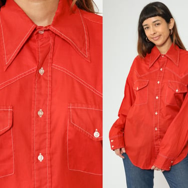 70s Western Shirt Red Button Up Topstitch Disco Shirt Dagger Collar Long Sleeve Top Rodeo Retro Cowboy Vintage 1970s Men's 16 1/2 Large 