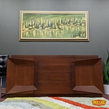 Mid-Century Modern walnut 12-drawer dresser with sculpted details