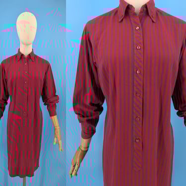 Vintage Seventies Small Country Jr Red and Purple Striped Shirt Dress - 70s Long Sleeve Button Front Dress 