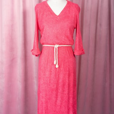 Vintage 1970s Watermelon Pink Terrycloth V-Neck Dress with Elastic Waist and Rope Belt 