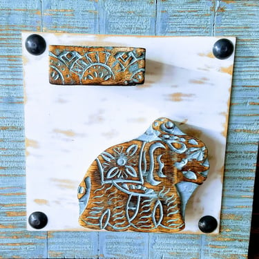 Indian Woodblock Picture~Carved Elephant Woodblock on Wood Board~Vintage Hand Carved & Painted Sculpture~Animal Wall Decor~JewelsandMetals 