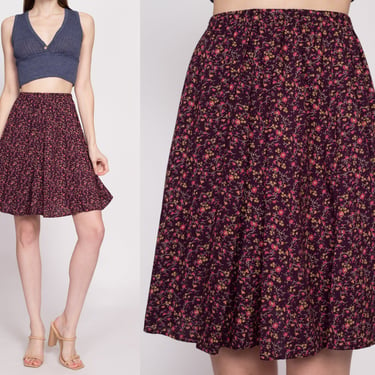 90s Floral Rayon Mini Skirt - Small to Medium | Vintage Maroon Purple Calico A-Line Grunge Skirt 