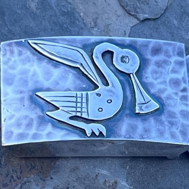 Graziella Laffi ~ Vintage Peru Sterling Pre Columbian Pelican Bird on Hammered Silver Background Buckle for 1 Inch Belt 