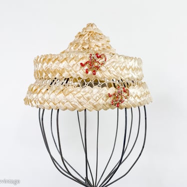 1950s Beige Woven Hat | 50s Straw Hat With Monkey Pins | The Hat Box 
