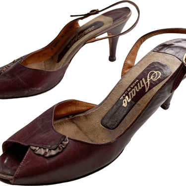 60s/70s Oxblood Slingback Heels Open Toe Shoes By Amano