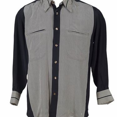 Brioni Roma 1980s Vintage Men's Black & White Striped Silk Collared Shirt 