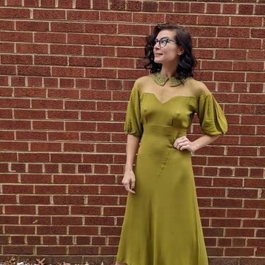 Vintage 1930's Chartreuse Green Crepe and Mesh Belted Dress 