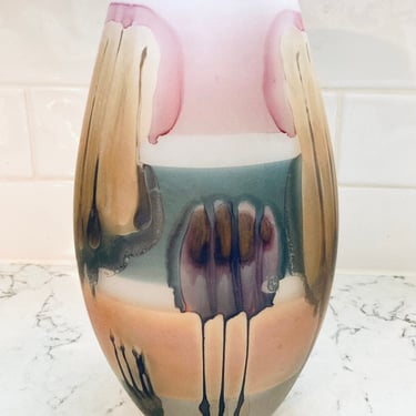 Vintage Rueven Nouveau Art Glass Pink, Yellow, Green Drip Vase Hand-crafted in Romania by LeChalet