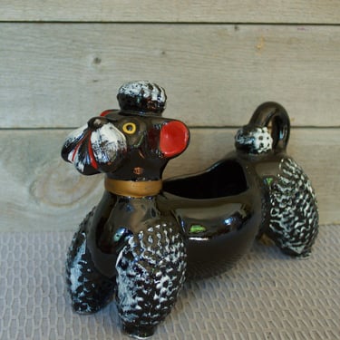 BLACK POODLE PLANTER, Redware, Tail Handle, Mid Century, Vintage Caddy, White & Red Accents, Gold Collar, Dog, Retro, Puppy, Hand Painted 