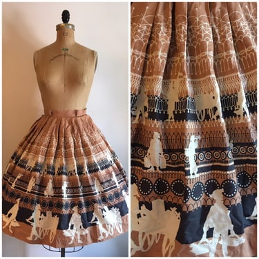 Vintage 1950s Sara Lee Scenic Novelty Print  Border Skirt 50s New Orleans Louisiana Scene Cotton Pleated Skirt 
