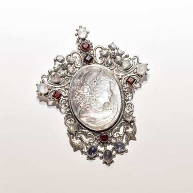 Victorian Style Cameo Pendant Brooch In Sterling Silver, Large Ornate Multi-Stone Pendant, 4" L 