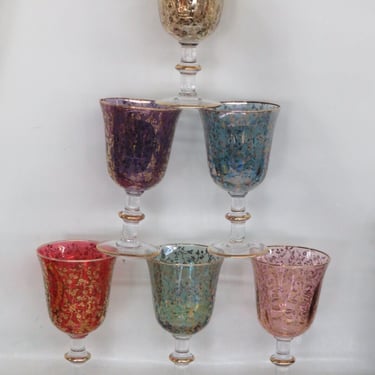 Multi Color Gold Flowers design Glass Wine Water Goblets Cups Set of Six 2829B