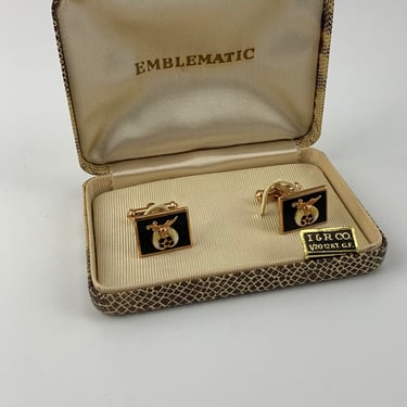 Vintage Shriners Cuff Link Set - Gold Filled Settings - Black Onyx & Enamel - Original Box - Dead Stock 