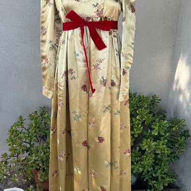 Vintage Custom made golden tapestry Asian satin empire waist maxi dress Sz XSmall 