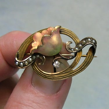 Antique 14K Gold and Enamel Art Nouveau Half Pearl Watch Pin, Old Gold Watch Pin, Antique Pearl and Diamond Brooch Pin (#4176) 
