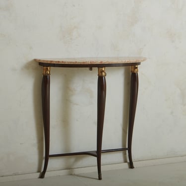 Demilune Beech Wood + Pink Marble Console Table Attributed to Paolo Buffa, Italy 1950s