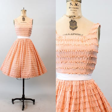 1950s LOOPED GINGHAM cotton print full skirt dress xxs | new spring 