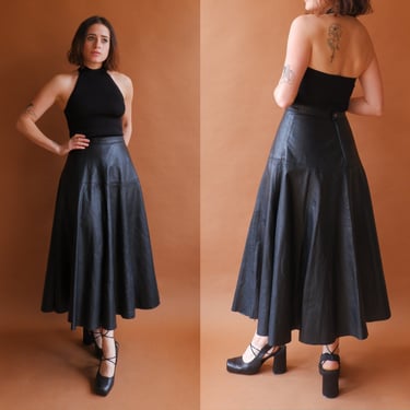 Vintage 80s Black Leather Midi Skirt/ 1980s High Waisted Leather Full Skirt/ Size Small 26 