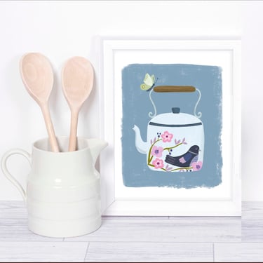 Teapot With Bird and Cherry Blossoms 8 X 10 Art Print/ Chinoiserie Kitchen Art/ Decorative Teapot Wall Decor/ Tea Illustration 