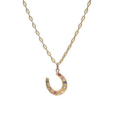 Antique Victorian 14k Diamond, Sapphire, &amp; Ruby Horseshoe Pendant