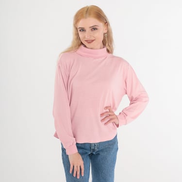 Pink Turtleneck Shirt 80s Long Sleeve T-Shirt Pullover Top Funnel Retro Turtle Neck Simple Plain Cotton Single Stitch Vintage 1980s Large L 