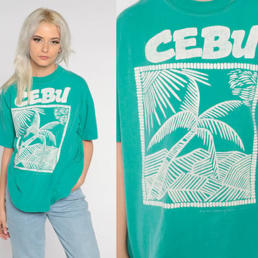 Cebu Philippines Shirt 90s Green Tropical Palm Tree Island Sun Graphic Tee Filipino Tshirt Retro Tourist Travel Asia Vintage 1990s Large L 