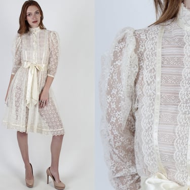 Romantic Country See Through Dress / Sheer Ivory Floral Lace Dress / Vintage 70s Puff Sleeve Gown 