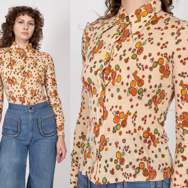 XS 70s Boho Beige Floral Dagger Collar Shirt | Vintage Button Up Long Sleeve Collared Disco Top 