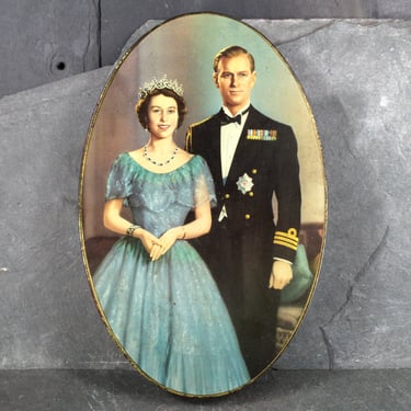 1953 Queen Elizabeth Coronation Commemorative Tin | Vintage Royal Souvenir | Queen Elizabeth and Prince Phillip Oval Tin 