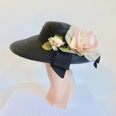 1940's 50's Black Fine Straw Wide Brim Hat Peach Silk Roses and Ribbon Trim Portrait Picture Kentucky Derby Ascot 40's Millinery Donenfeld's 