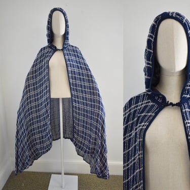 1940s Navy and Cream Woven Plaid Hooded Cloak 