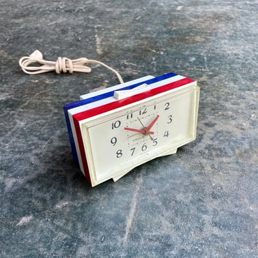 1960s General Electric Alarm Clock Table Top American Red White Blue Fourth of July Motif Design 